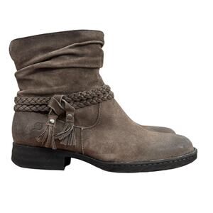 Born Ouvea Distressed Slouchy Ankle Boot SZ 8.5 Women's Taupe Braided Tassel Zip